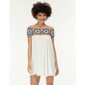 Embroidered Off-Shoulder Mini Dress - White and Gold